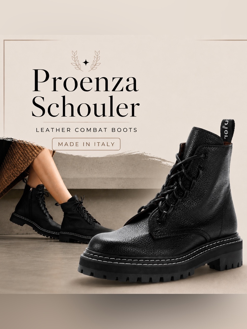 Proenza Schouler Black Genuine Leather Lace-Up Boots with Contrast Stitching🔥